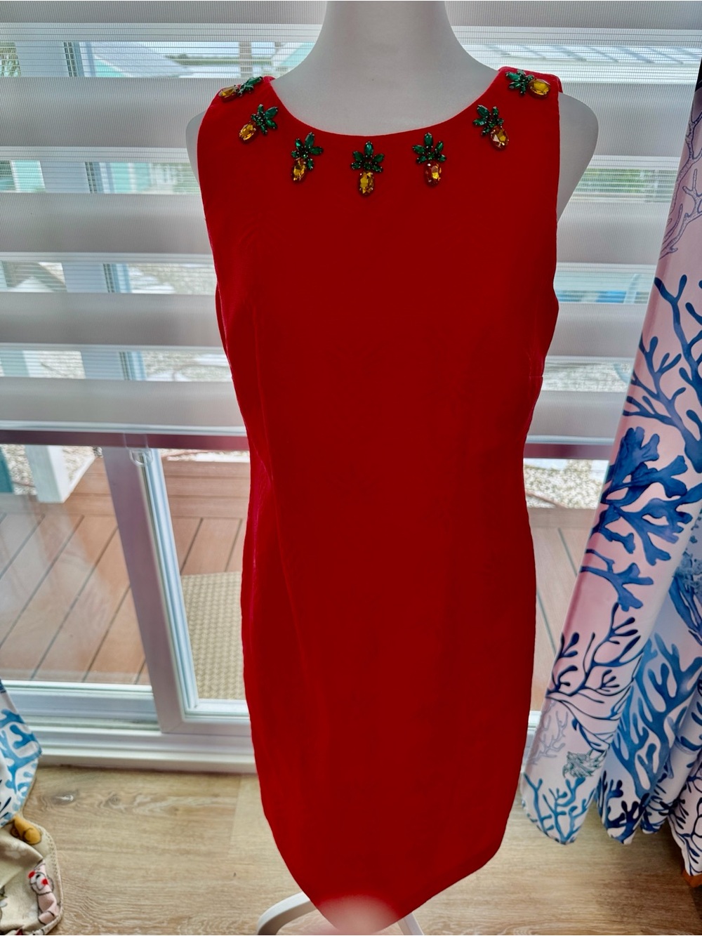Talbots Orangish Red Sleeveless Sheath Dress with Pineapple Embellishments